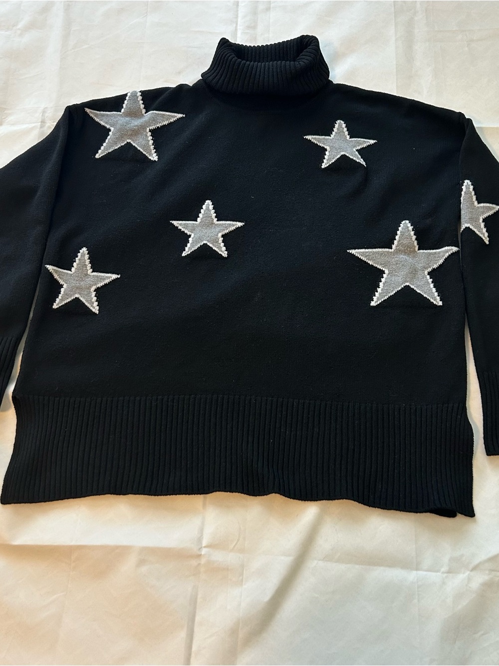 Sweet Romeo Black Turtleneck Sweater with Silver Star Appliqués.Size large